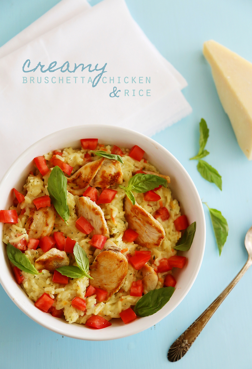 Creamy Bruschetta Chicken and Rice – Hearty, healthy and super quick for family dinners. This recipe is a keeper! | thecomfortofcooking.com