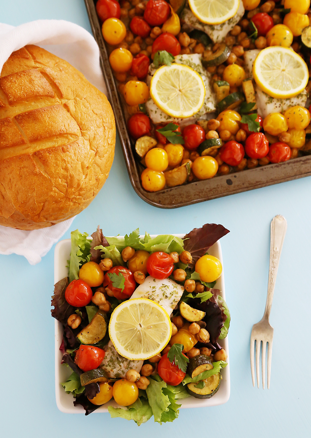 Greek Lemon Baked Fish with Tomatoes, Zucchini and Chickpeas