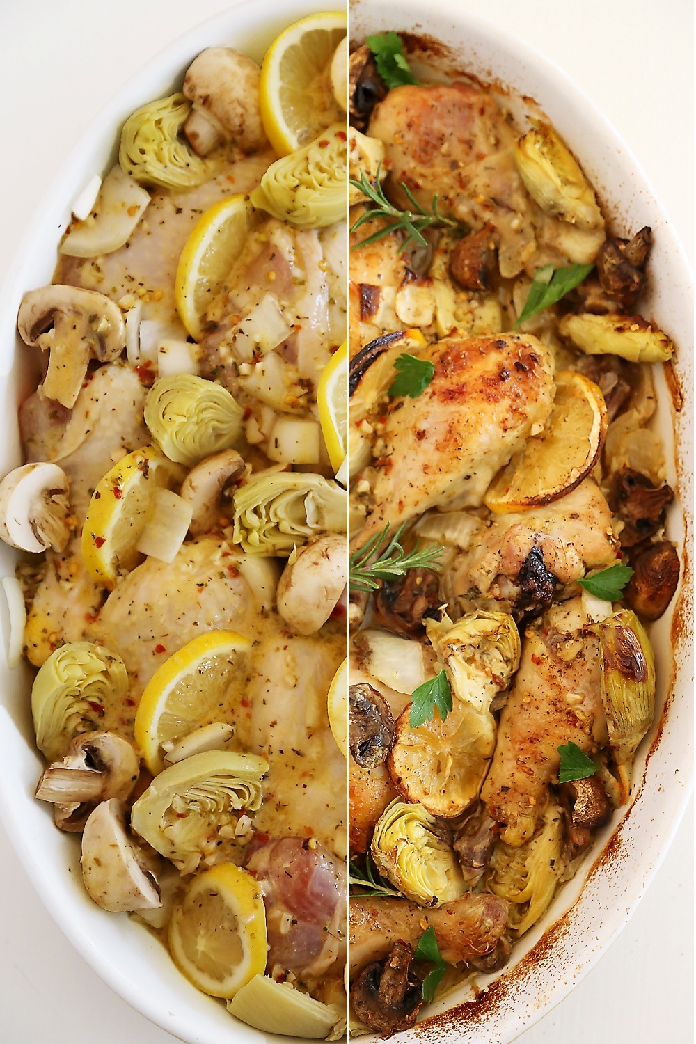 Lemon and Artichoke Oven Roasted Chicken - Crispy, tender lemon-roasted chicken with artichokes and mushrooms makes an easy, elegant dinner! Thecomfortofcooking.com