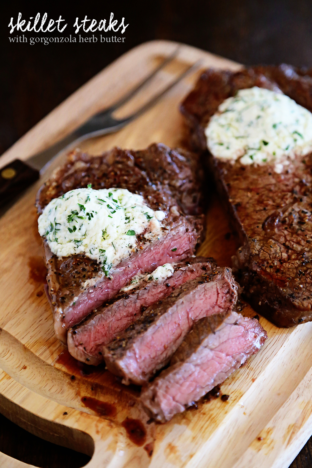 Skillet Steaks with Gorgonzola Herb Butter – Best steak we’ve ever cooked at home! Sizzle in a skillet + top with a creamy gorgonzola herb butter. | thecomfortofcooking.com