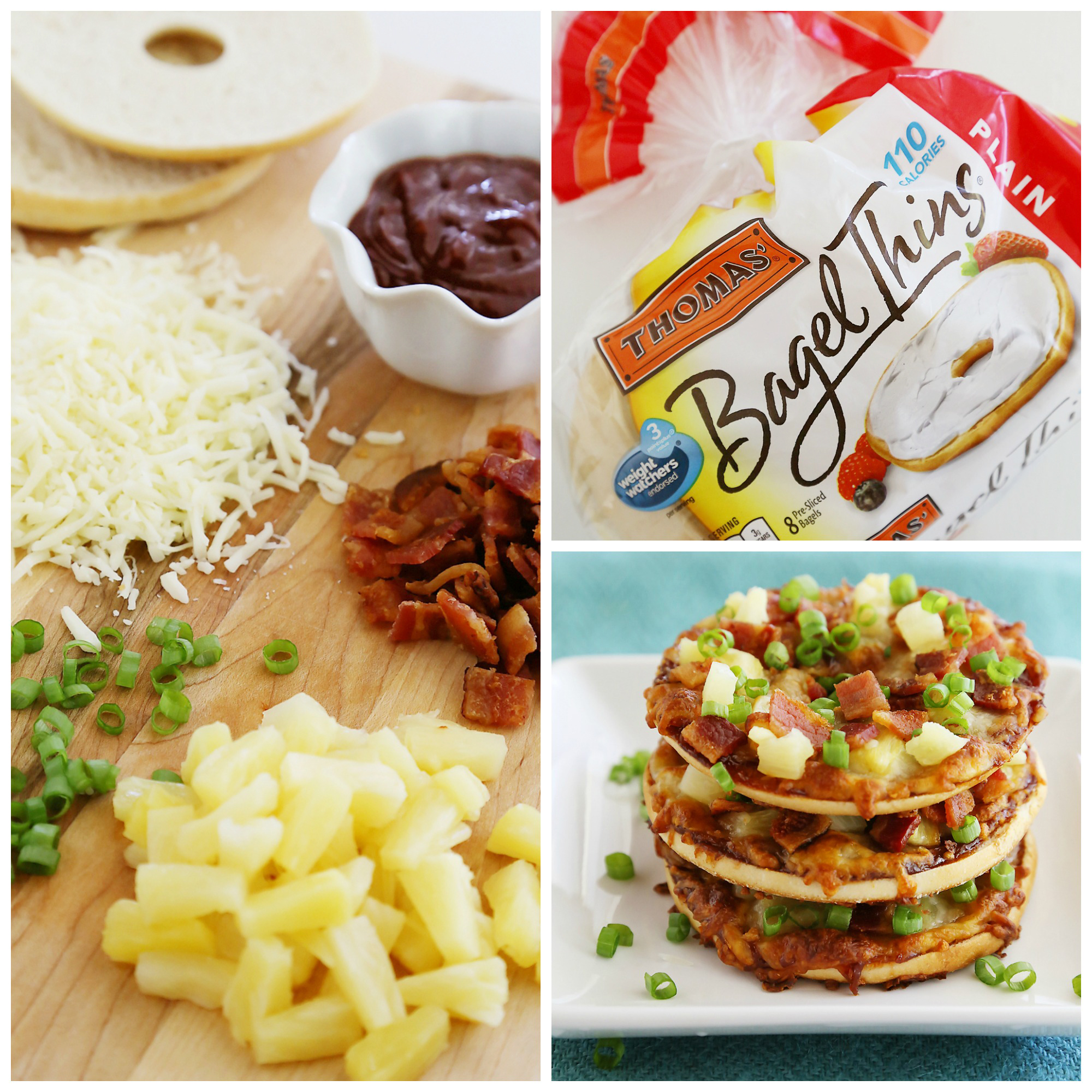 BBQ Bacon Hawaiian Bagel Thin Pizzas – Quick and easy, crisp pizzas with bacon, barbecue sauce and fresh pineapple. So good! Thecomfortofcooking.com