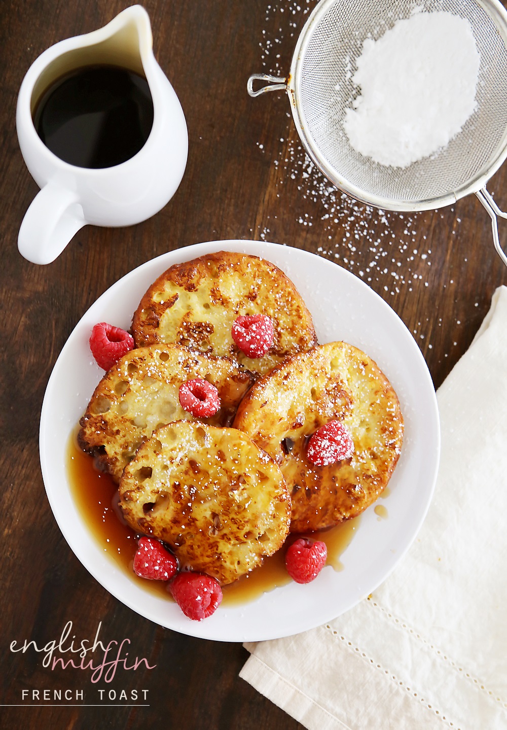 English Muffin French Toast - Fluffy, buttery French toast made from English muffins + topped with berries! Thecomfortofcooking.com