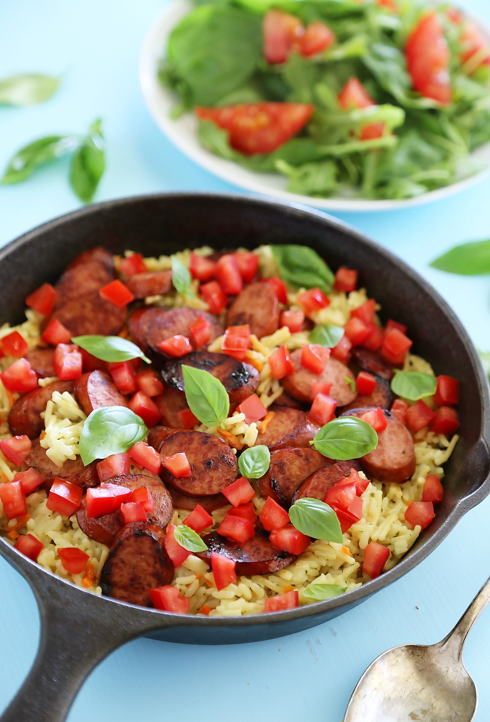 Bruschetta Chicken Sausage and Creamy Rice Skillet – Just 5 ingredients + 20 minutes. Try this fresh, healthy and hearty weeknight meal tonight! thecomfortofcooking.com