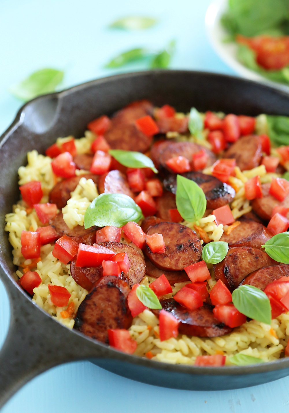 Bruschetta Chicken Sausage and Creamy Rice Skillet – Just 5 ingredients + 20 minutes. Try this fresh, healthy and hearty weeknight meal tonight! thecomfortofcooking.com