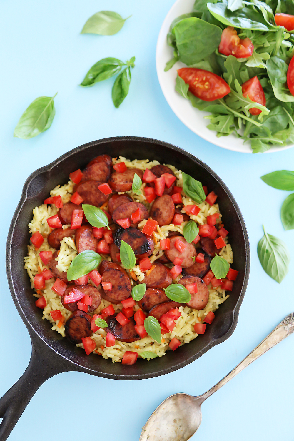 Bruschetta Chicken Sausage and Creamy Rice Skillet – Just 5 ingredients + 20 minutes. Try this fresh, healthy and hearty weeknight meal tonight! thecomfortofcooking.com