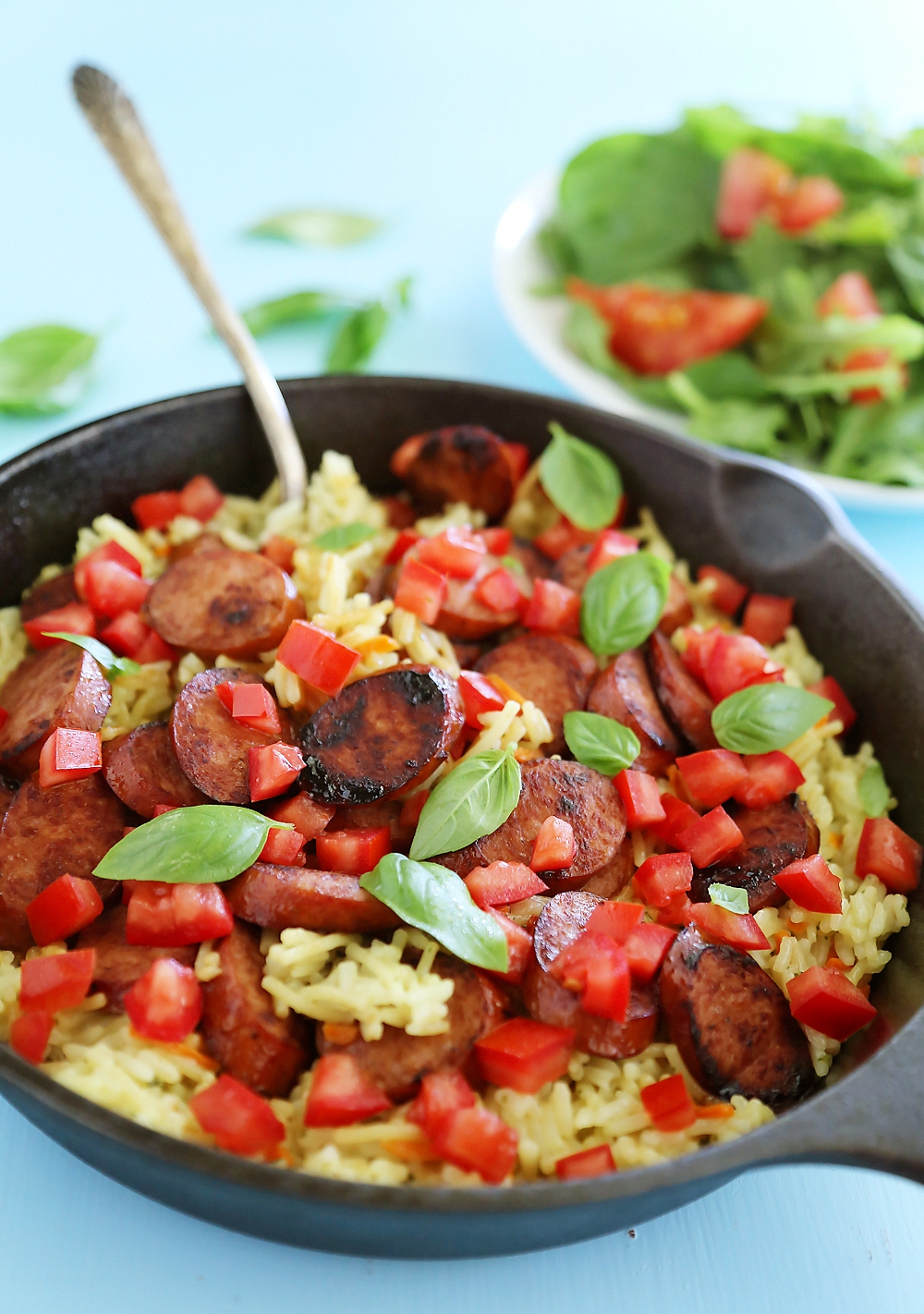 Bruschetta Chicken Sausage and Creamy Rice Skillet – Just 5 ingredients + 20 minutes. Try this fresh, healthy and hearty weeknight meal tonight! thecomfortofcooking.com