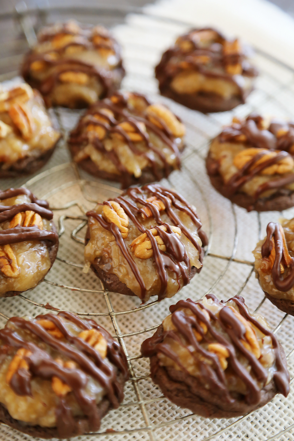 Gooey German Chocolate Cake Cookies - Rich, chocolaty cookies topped with decadent caramel-coated pecans, coconut and chocolate chips! Thecomfortofcooking.com