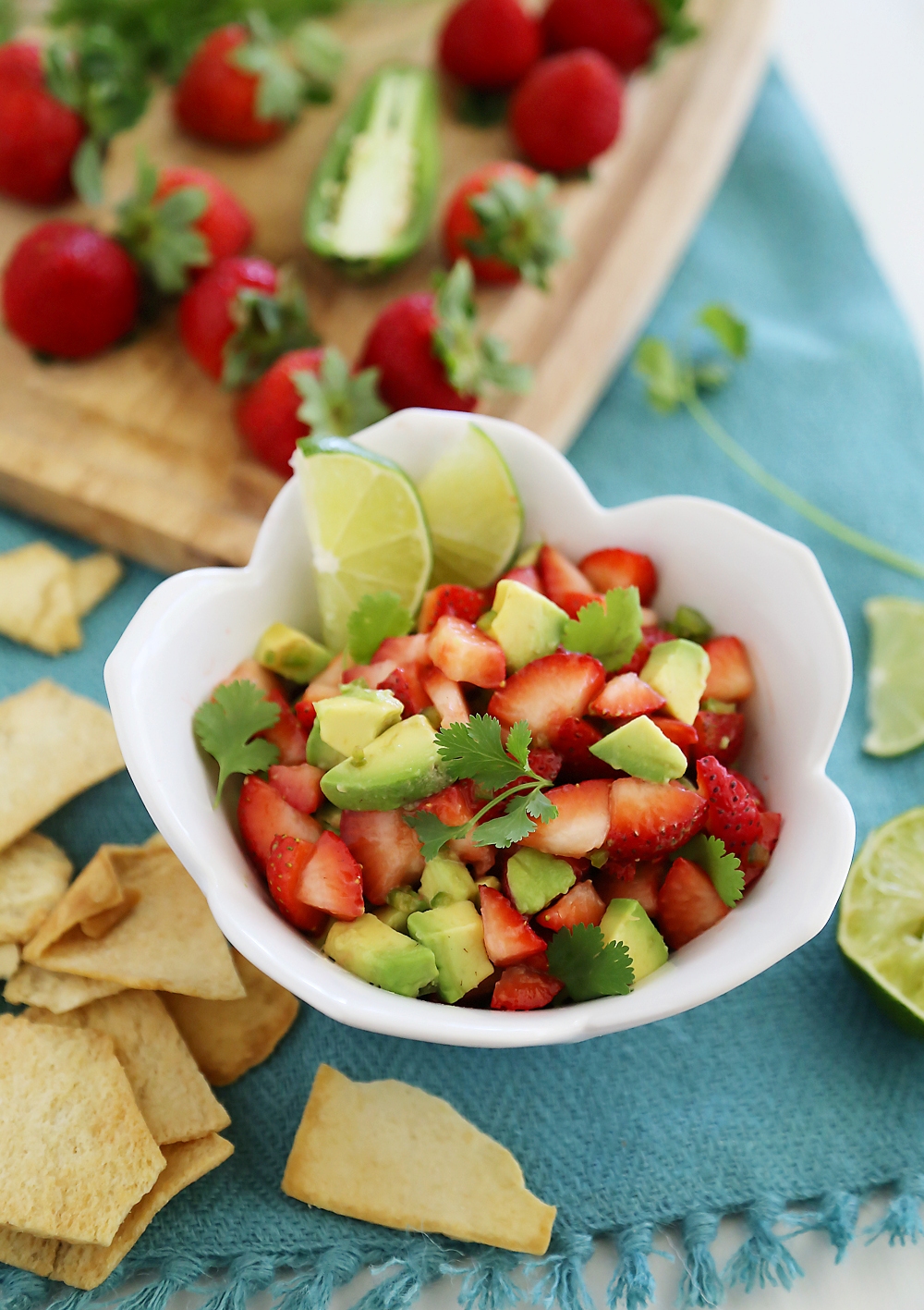 Strawberry Jalapeño Avocado Salsa - The perfect summer salsa! Serve with tortilla chips for snacking, or on the side of grilled meats, steak and fish. thecomfortofcooking.com