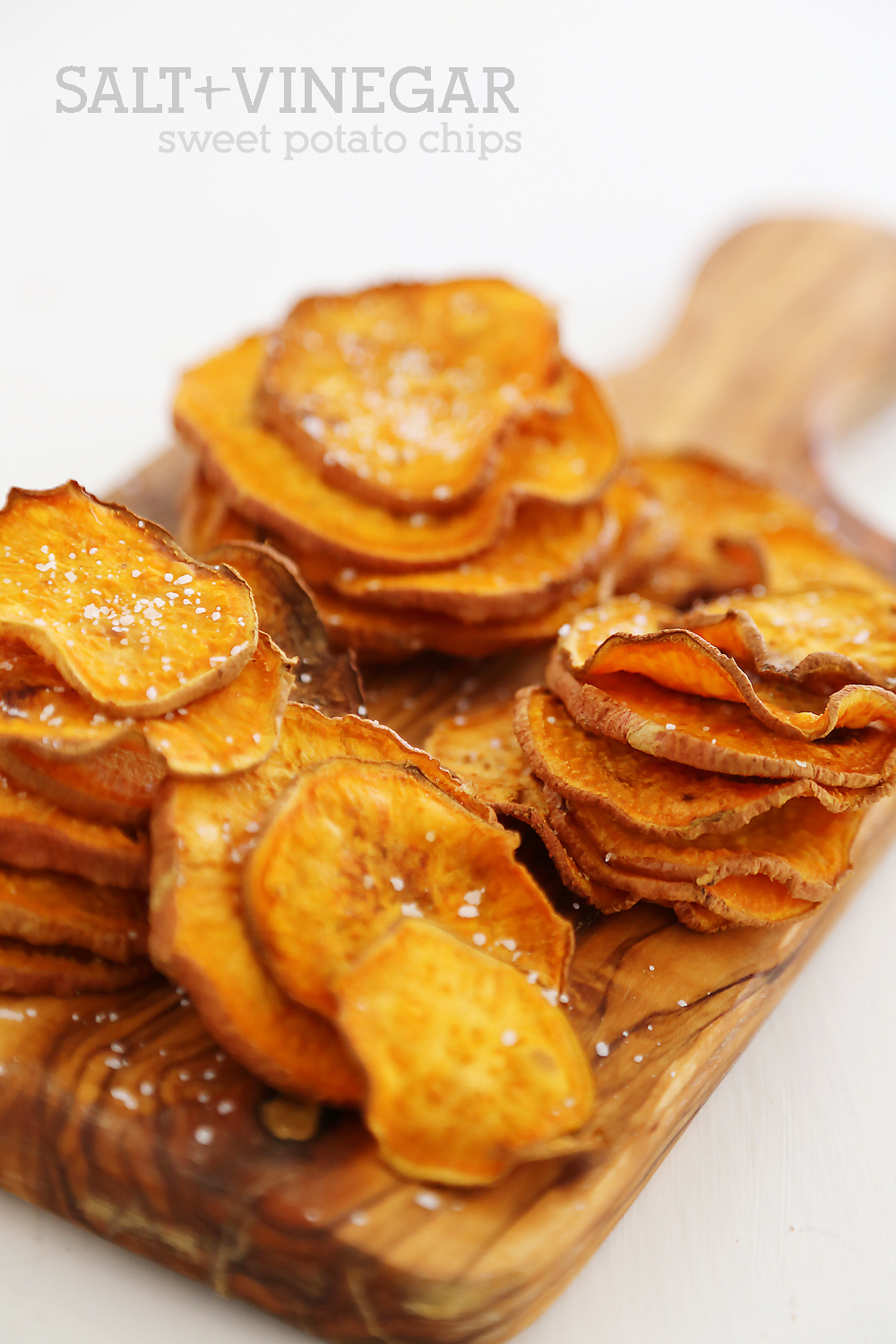 Baked Salt + Vinegar Sweet Potato Chips - Extra crispy, tangy sweet potato chips with just 3 ingredients! thecomfortofcooking.com