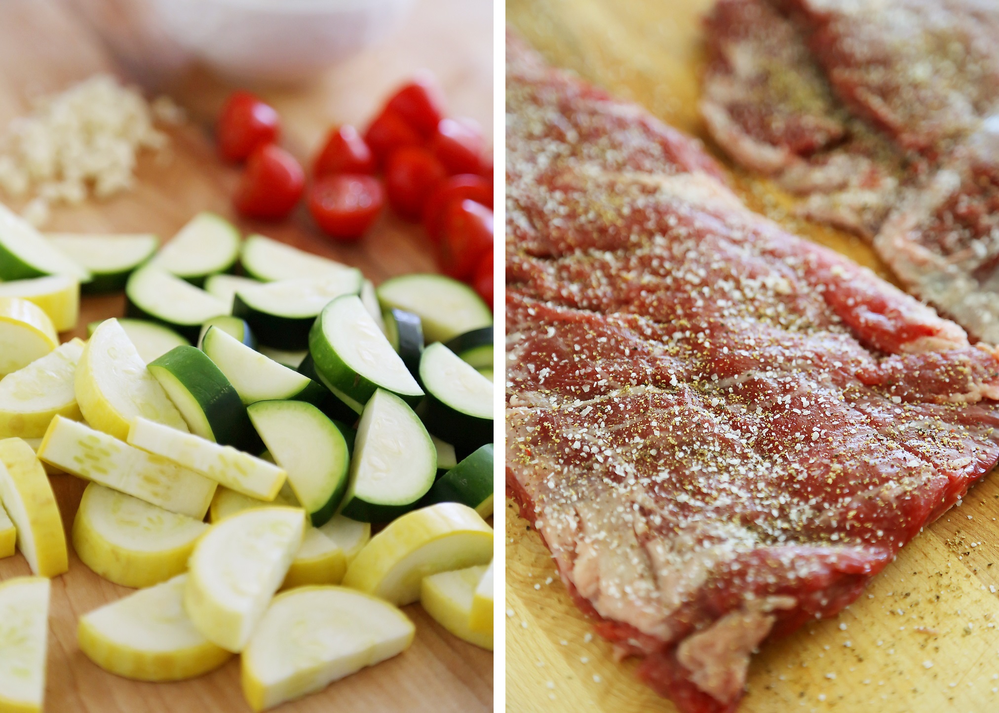 Skillet Balsamic Skirt Steak with Garlic Zucchini, Squash and Tomatoes - Melt-in-your-mouth tangy, tender steak dinner with veggies, easily made in one skillet! Thecomfortofcooking.com