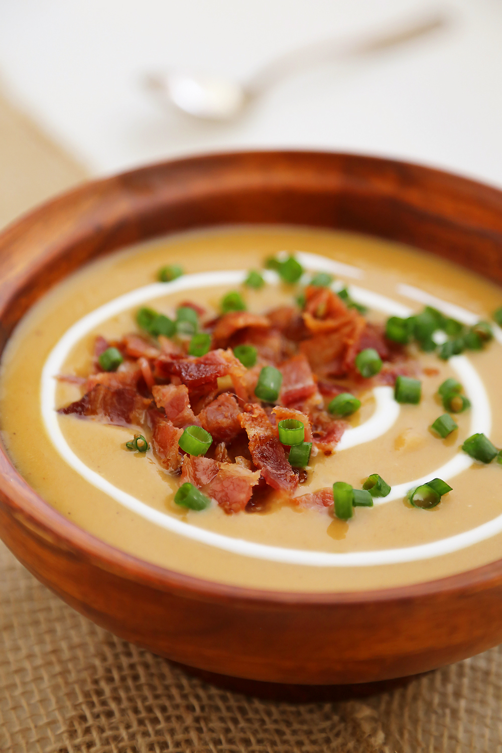 Loaded Sweet Potato Soup – Super creamy stovetop soup is healthy + easy for weeknights or holidays! Serve with salad and crusty bread. Thecomfortofcooking.com