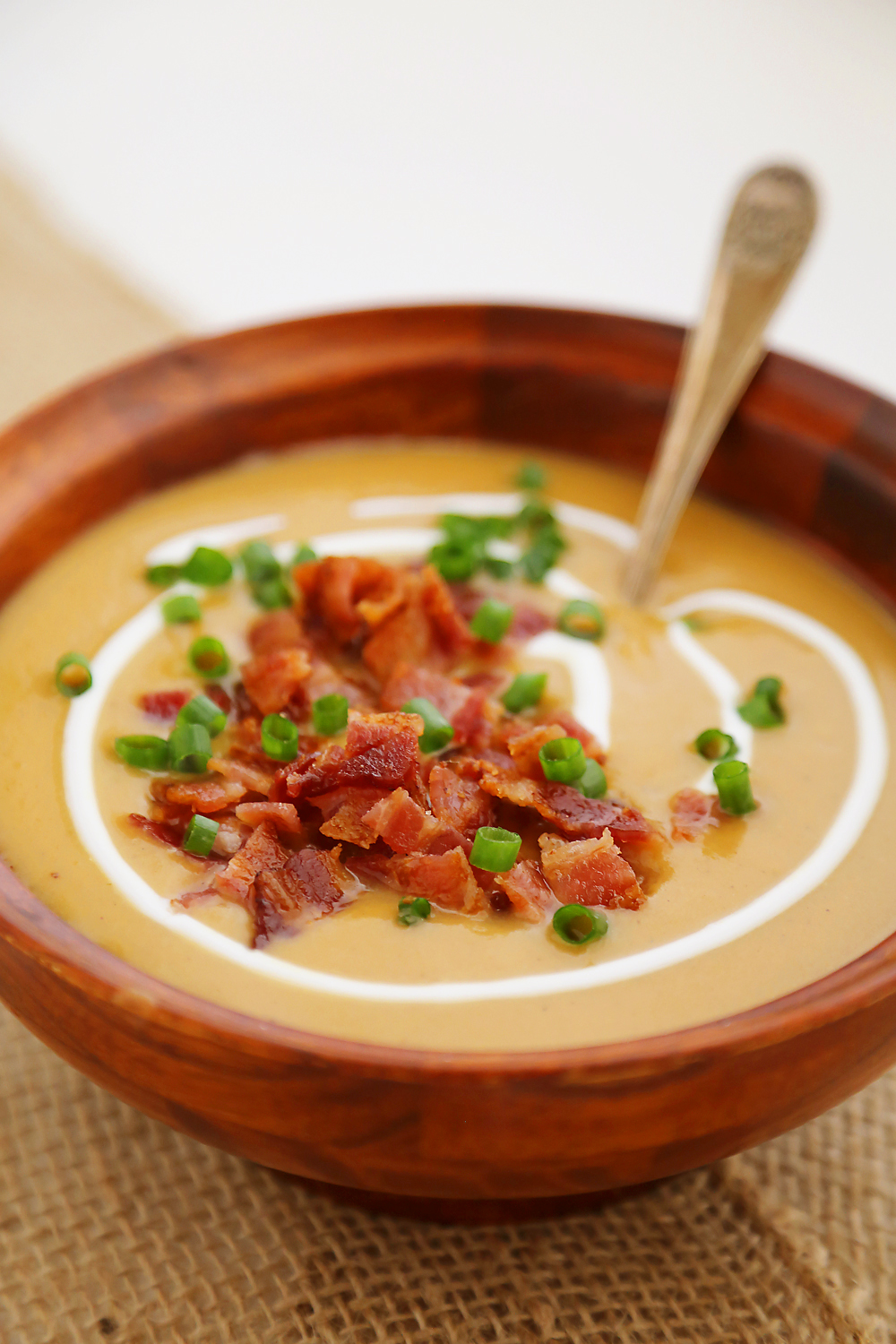 Loaded Sweet Potato Soup – Super creamy stovetop soup is healthy + easy for weeknights or holidays! Serve with salad and crusty bread. Thecomfortofcooking.com