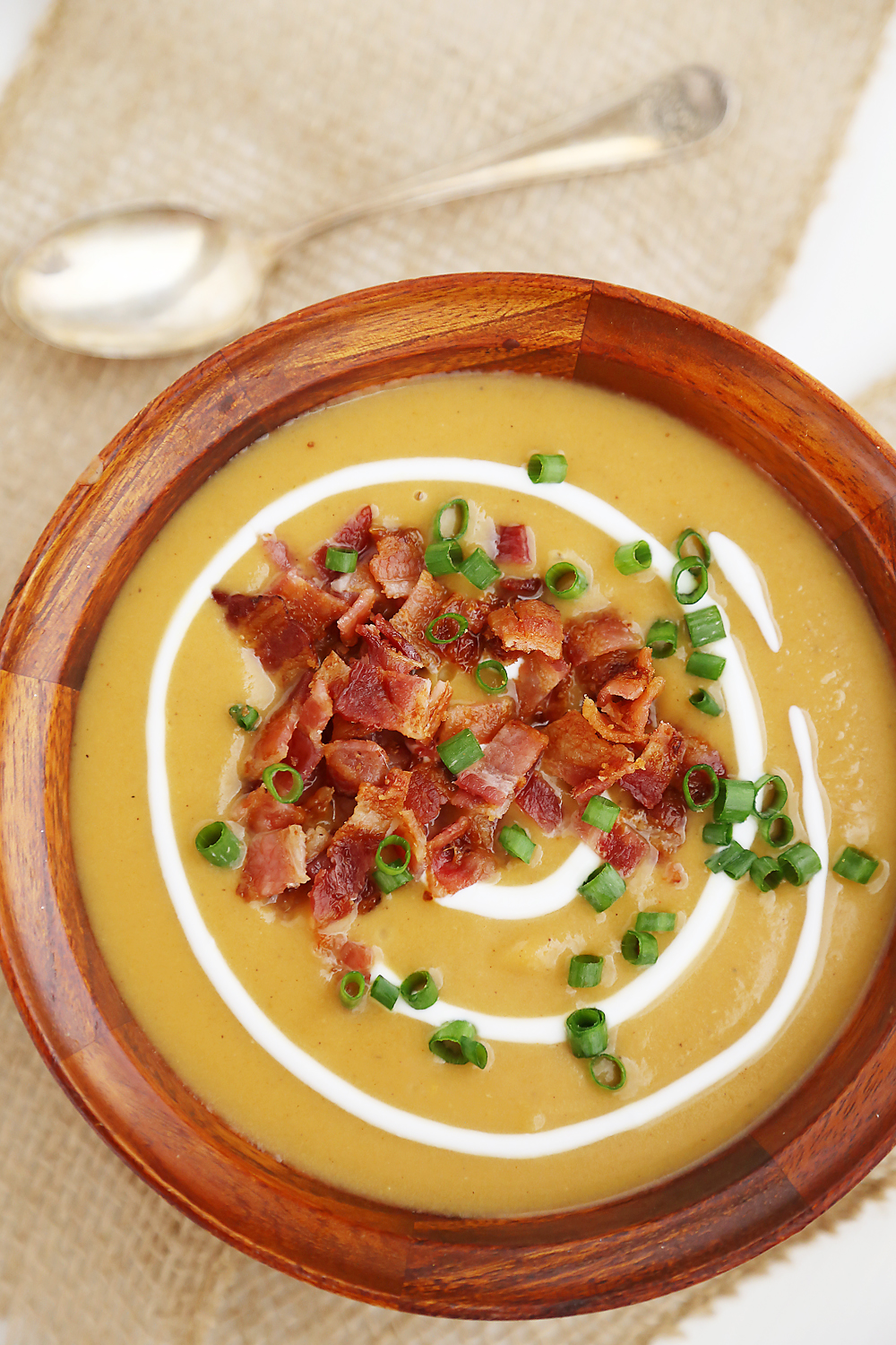 Loaded Sweet Potato Soup – Super creamy stovetop soup is healthy + easy for weeknights or holidays! Serve with salad and crusty bread. Thecomfortofcooking.com