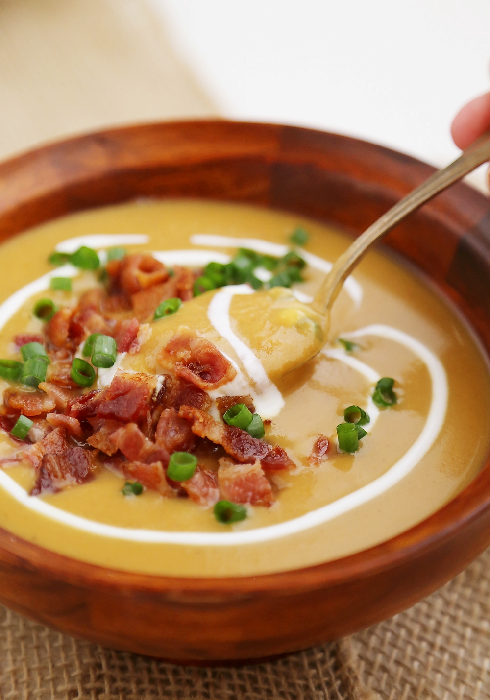 Loaded Sweet Potato Soup – Super creamy stovetop soup is healthy + easy for weeknights or holidays! Serve with salad and crusty bread. Thecomfortofcooking.com