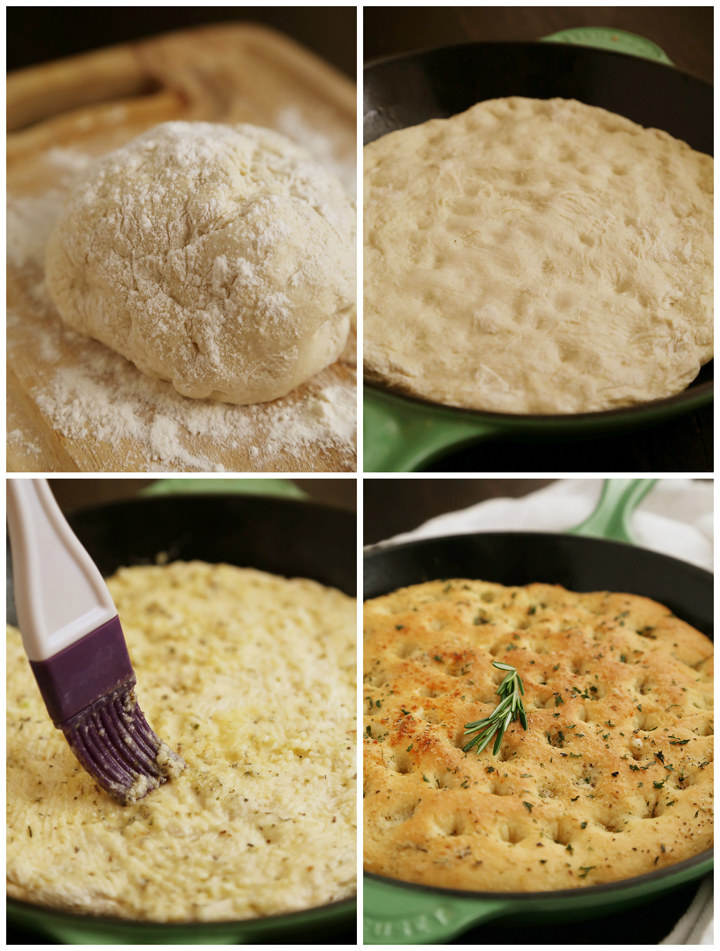 One-Hour Skillet Garlic Parmesan Focaccia - So soft and fluffy! This bread is the perfect side for hearty vegetable dishes, soups, stews and saucy roasts. Thecomfortofcooking.com