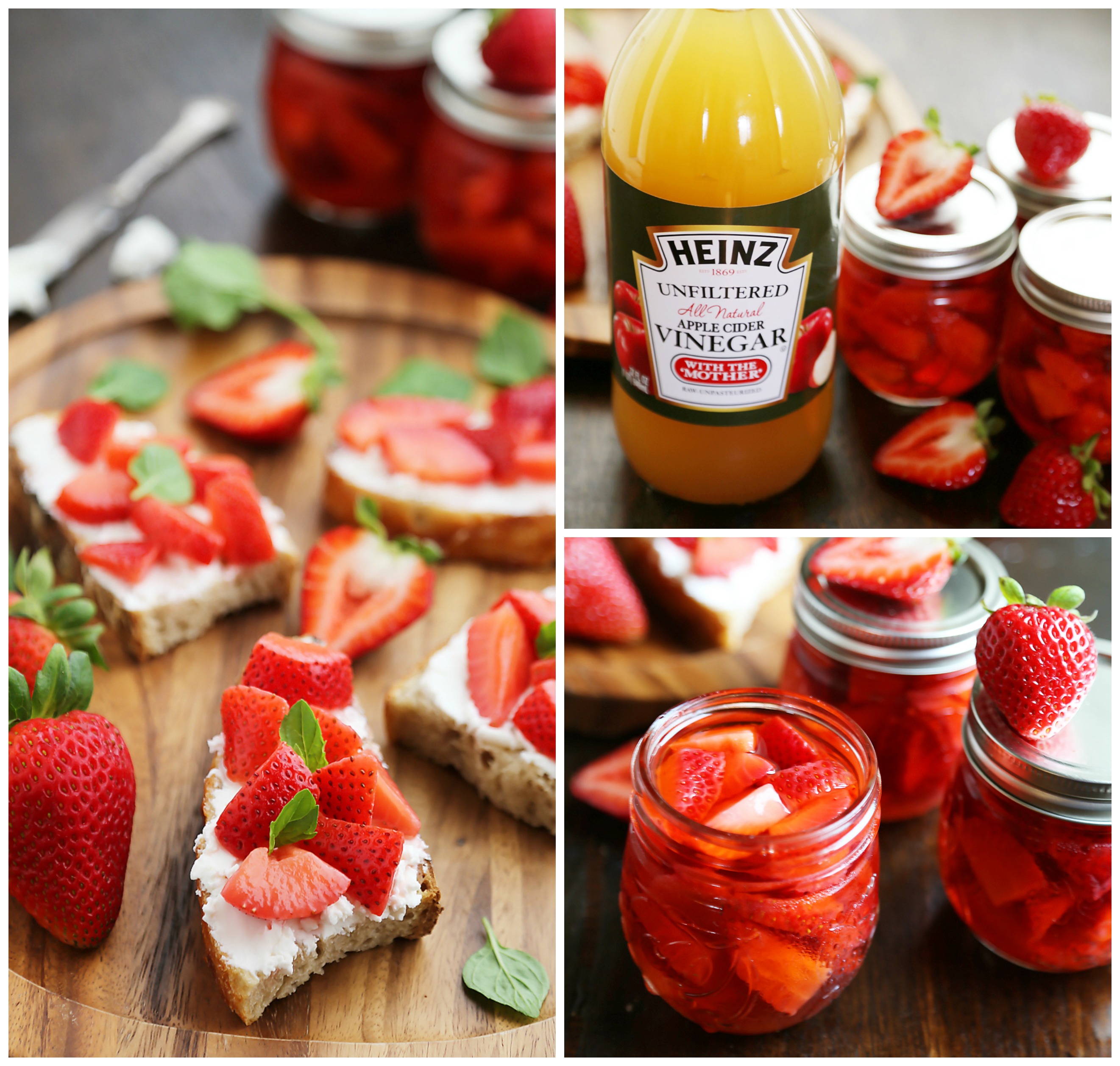 Vanilla Bean Pickled Strawberries with Goat Cheese Crostini - Sweet, tangy vanilla-scented pickled strawberries pair perfectly with goat cheese crostini! So simple, elegant and easy for parties. Thecomfortofcooking.com