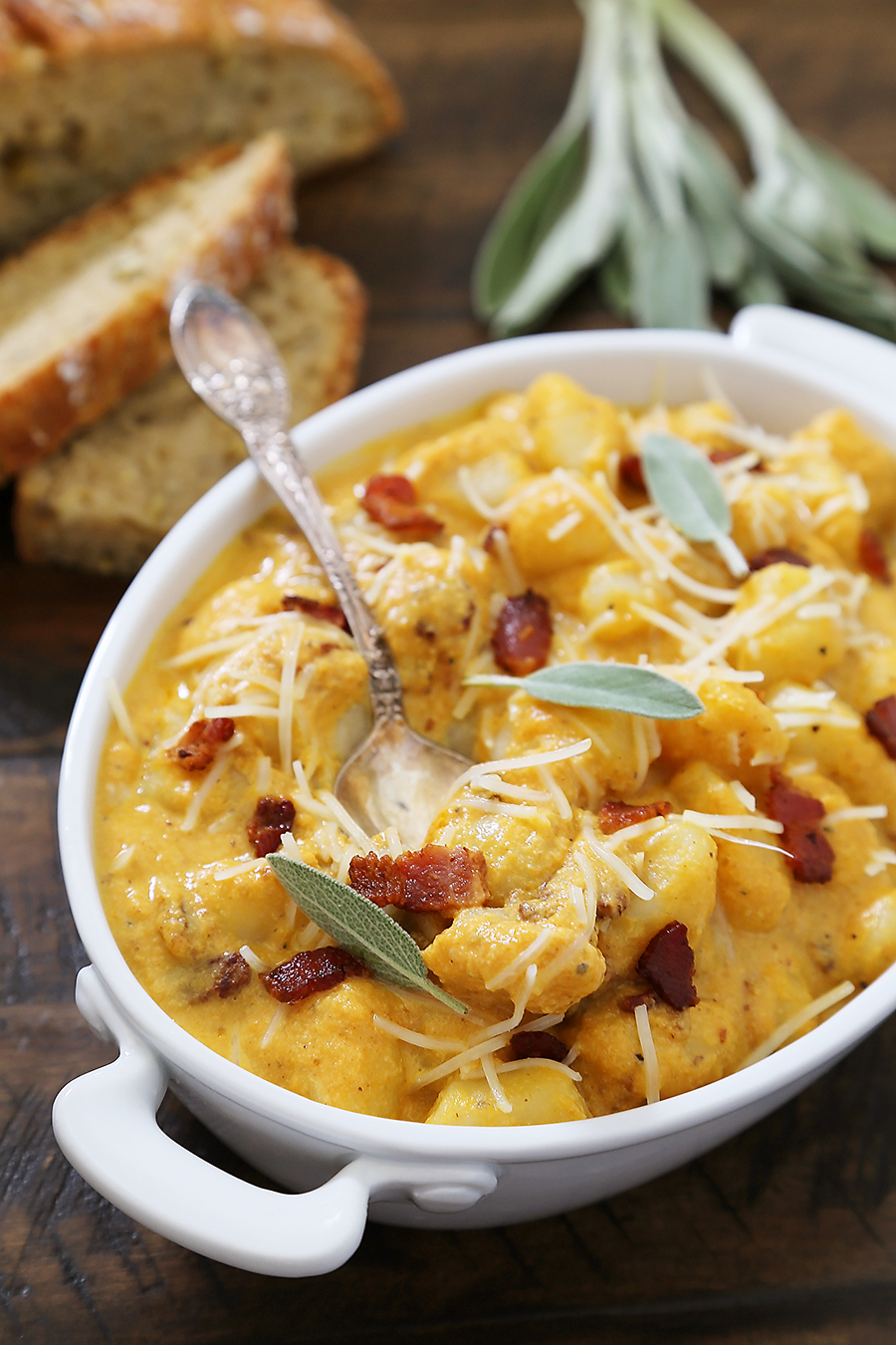 Gnocchi with Pumpkin, Bacon and Sage Sauce - Super creamy and delicious! Just 6 pantry staples, in under 20 minutes! Love this delicious, elegant meal that's easy enough for weeknights. Thecomfortofcooking.com