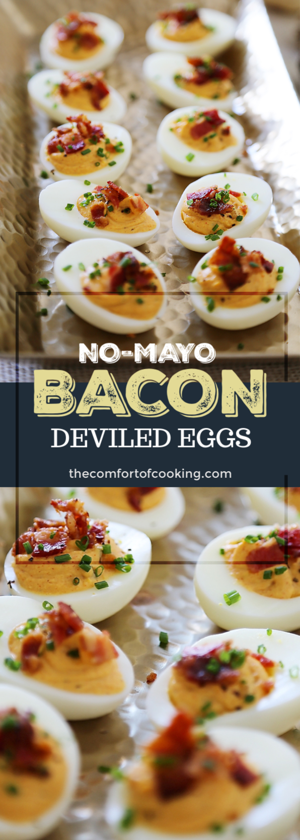 Bacon, Chive + Sour Cream Deviled Eggs - Creamy, crispy and full of flavor! All you need is 20 minutes and a handful of ingredients for the perfect party bite! thecomfortofcooking.com