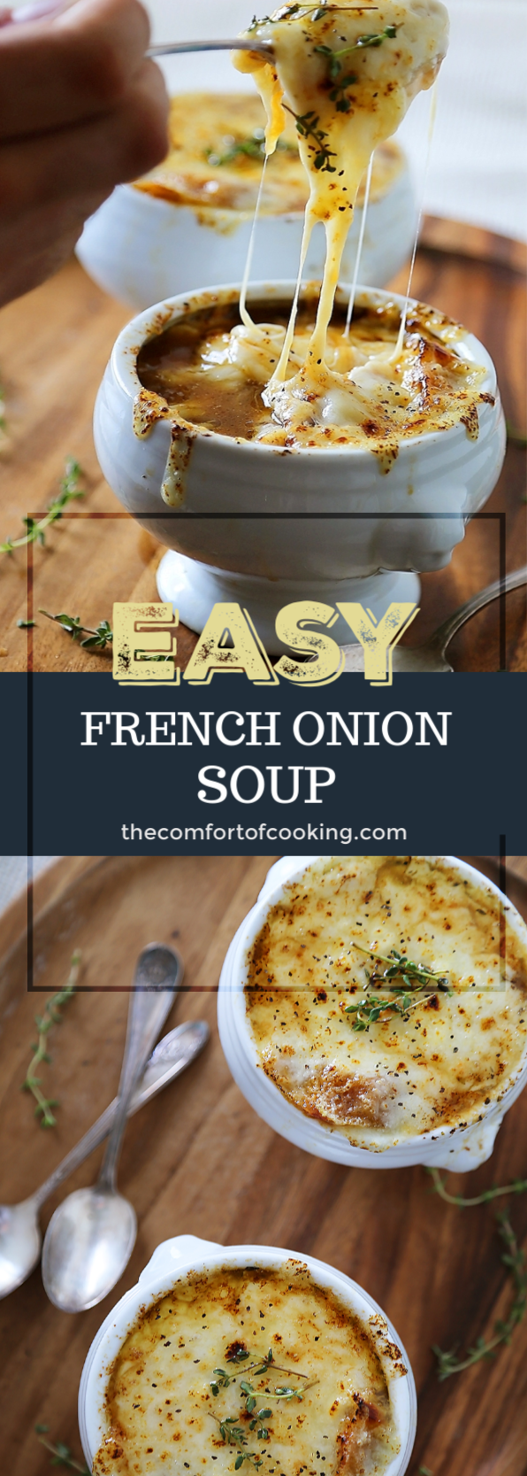 Easy French Onion Soup - Fragrant, cheesy and so comforting! Caramelized onions, beef stock and white (or red) cooking wine mingle into a luxurious medley in this classic French dish. Thecomfortofcooking.com