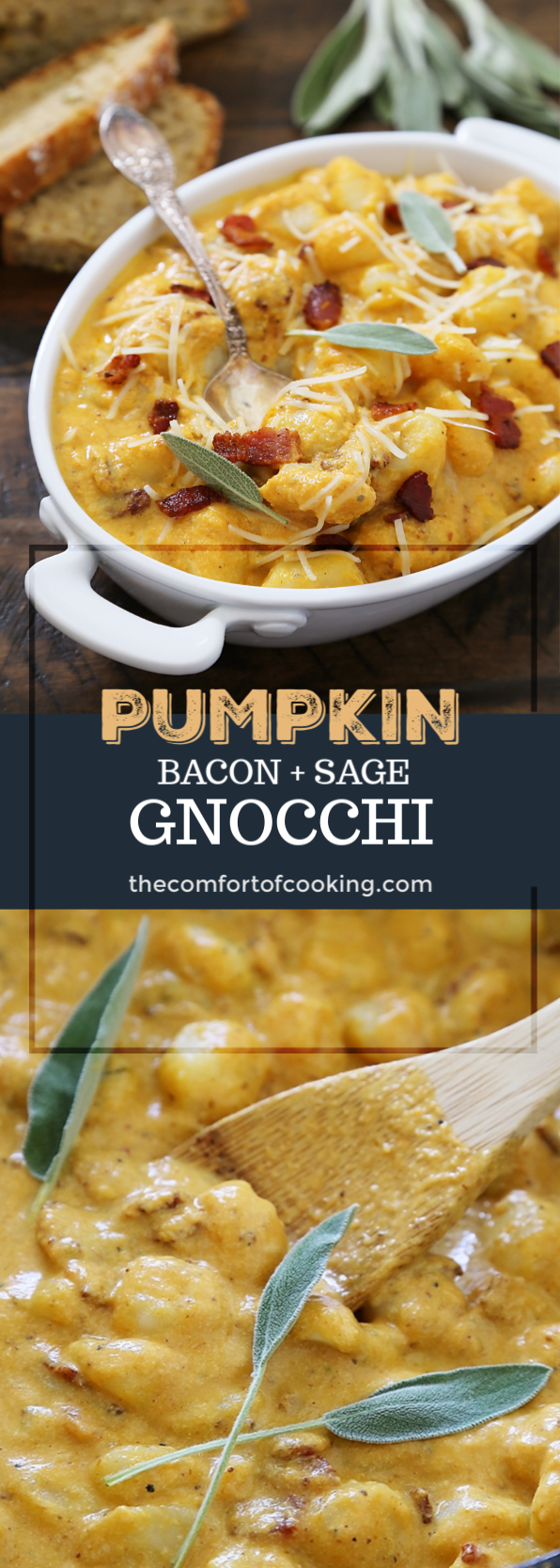 Gnocchi with Pumpkin, Bacon and Sage Sauce - Super creamy and delicious! Thecomfortofcooking.com