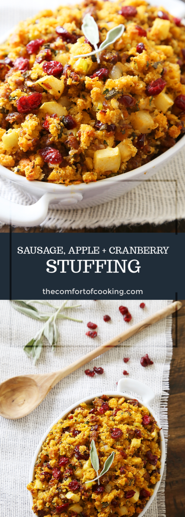 Sausage, Apple and Cranberry Cornbread Stuffing - This savory, delicious stuffing is my all-time favorite comfort food. It's a MUST for Thanksgiving + easy weeknight sides! thecomfortofcooking.com