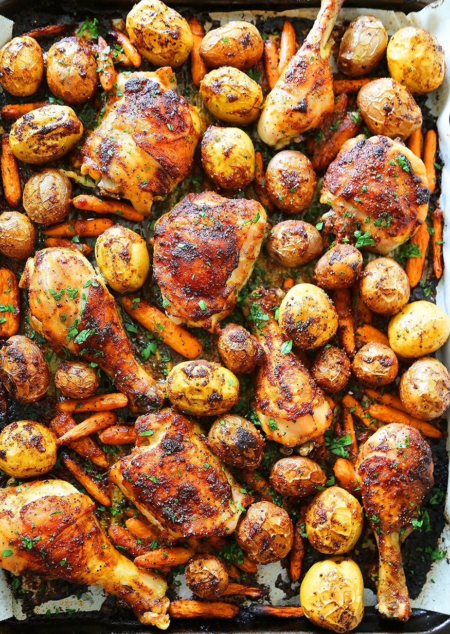 Chili-Garlic Roasted Chicken with Potatoes & Carrots - Spicy, crispy roasted chicken with tender potatoes and carrots! Just 1 pan + easy ingredients needed. So elegant and easy! Thecomfortofcooking.com