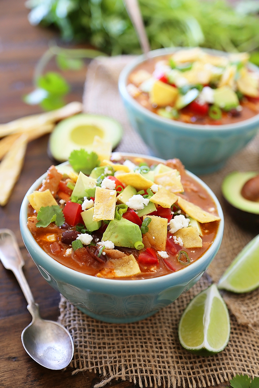 Easy Chicken Tortilla Soup - Serve this spicy, citrusy chicken tortilla soup for a fun twist on your weeknight meals! Add crunchy baked or fried tortilla strips (recipe included), cilantro, avocado and crumbled queso for a truly amazing soup! Thecomfortofcooking.com