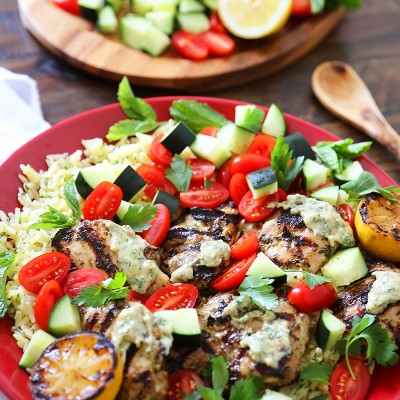 Greek Tahini Chicken with Cucumber, Tomato and Lemon Orzo Salad