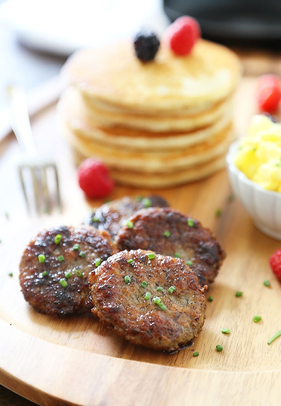 Simple Homemade Breakfast Sausage - This deliciously spiced, sizzled pork sausage is the perfect pair to pancakes, and so simple to make! All you need is a handful of pantry ingredients. Thecomfortofcooking.com