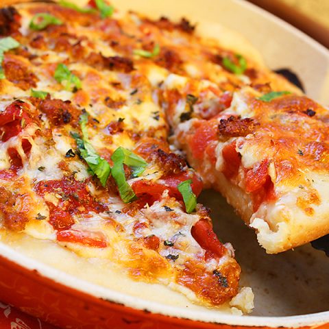 Deep Dish Sausage Pizza with Spinach Salad