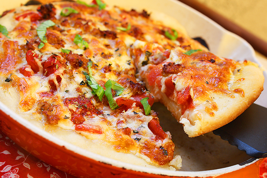 Deep Dish Sausage Pizza with Spinach Salad