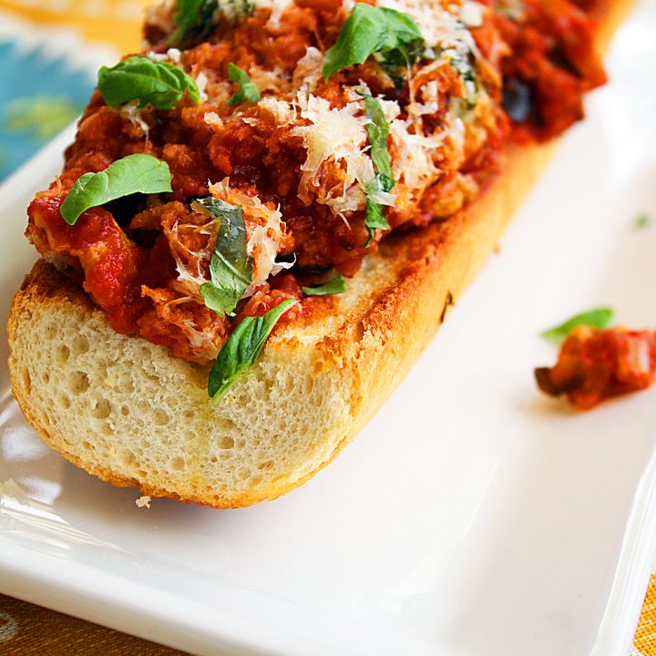Eggplant Parmigiana on a Toasted Baguette
