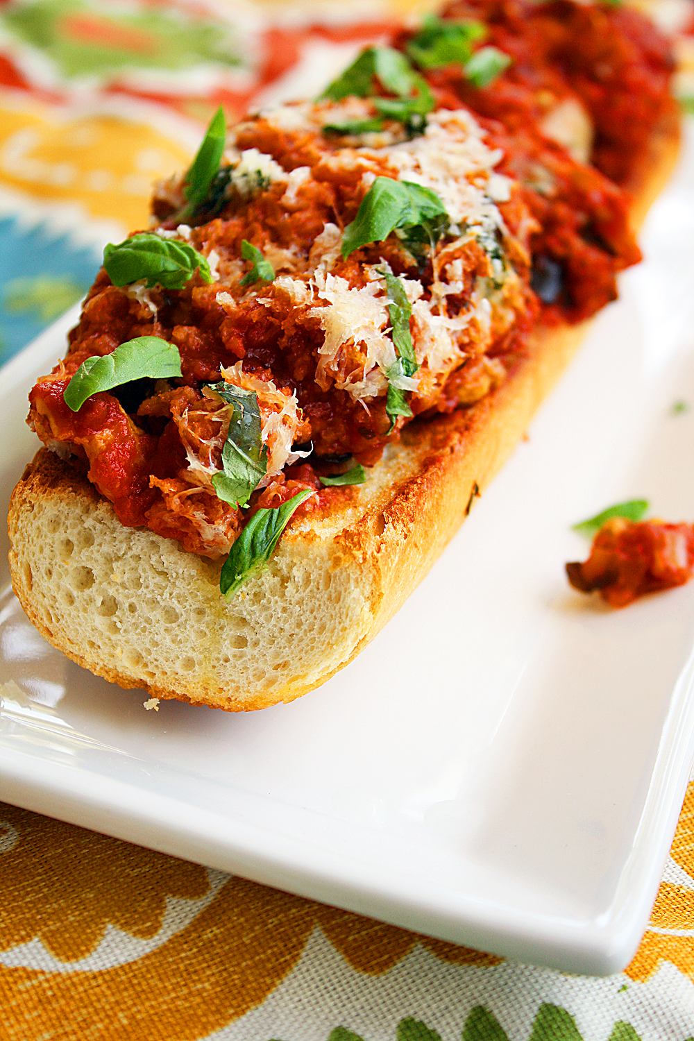 Eggplant Parmigiana on a Toasted Baguette