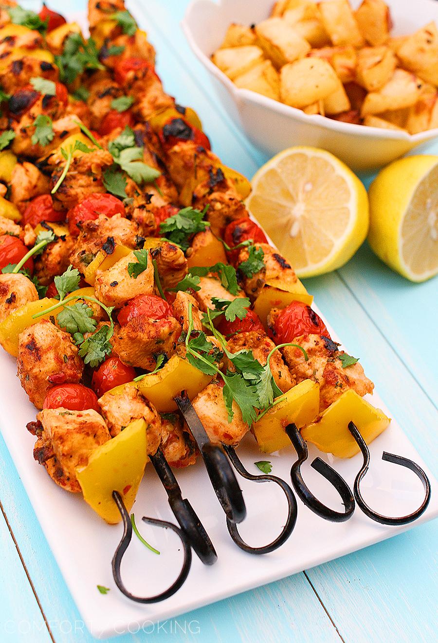 Spicy Chicken Kebabs with Lemon Potatoes