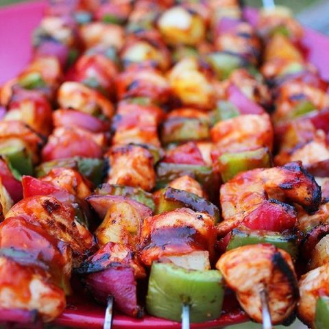 BBQ Chicken, Bell Pepper and Pineapple Skewers