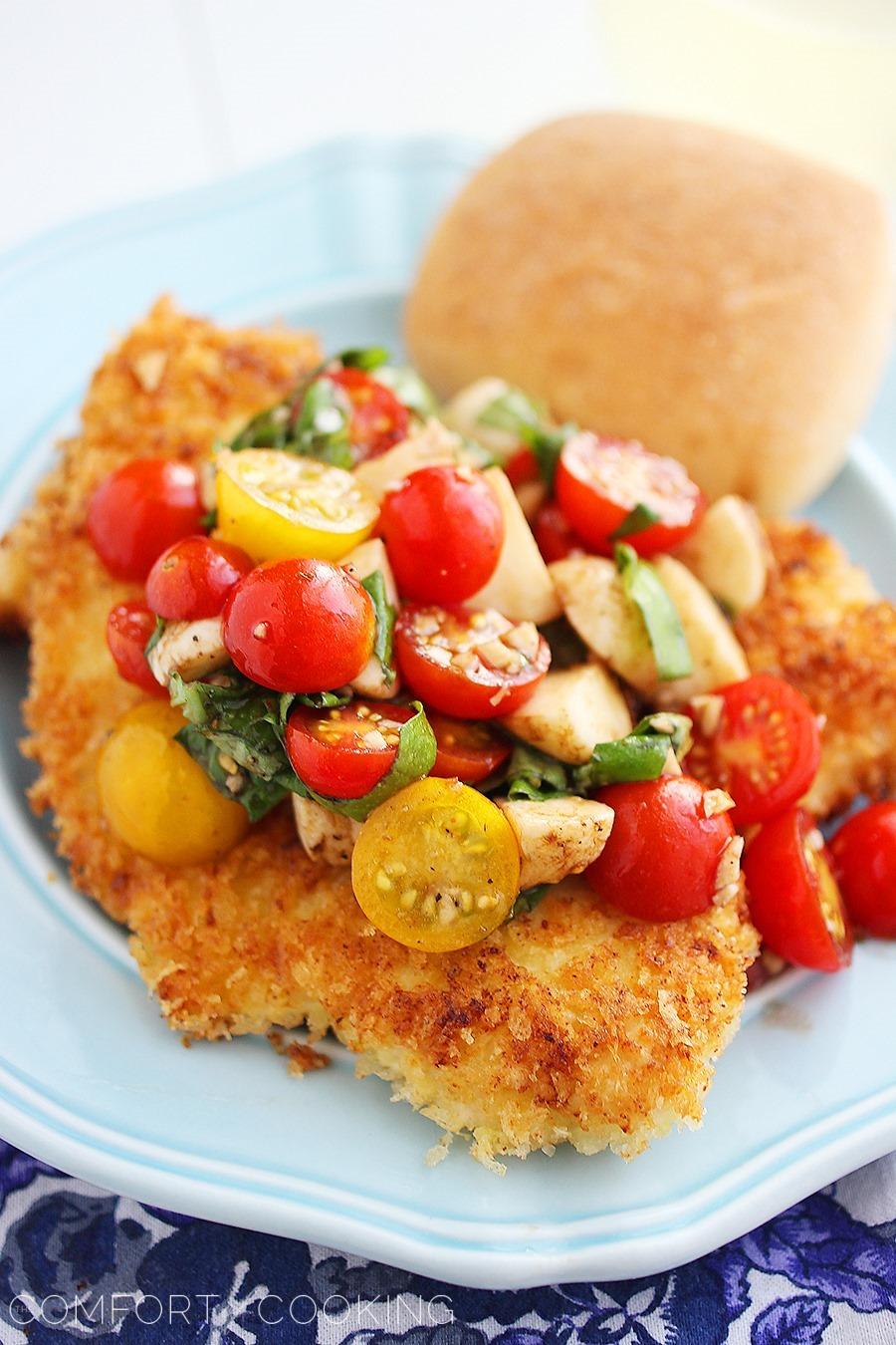 Crispy Parmesan Chicken Cutlets with Tomato-Mozzarella Salad