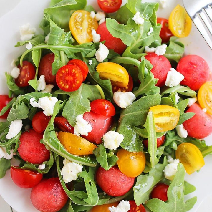 Watermelon & Feta Arugula Salad with Honey-Lemon Vinaigrette