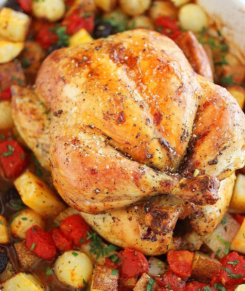 Pesto Roasted Chicken with Potatoes, Olives and Onions