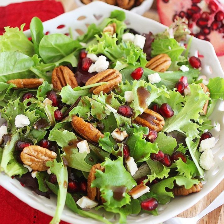 Mixed Green Salad with Pomegranate Seeds, Feta and Pecans