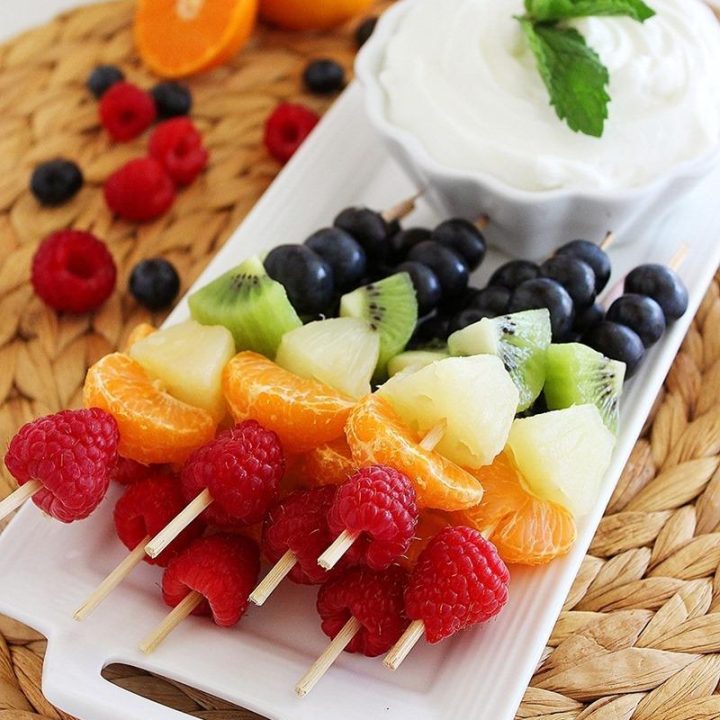 Rainbow Fruit Skewers with Vanilla-Honey Yogurt Dip