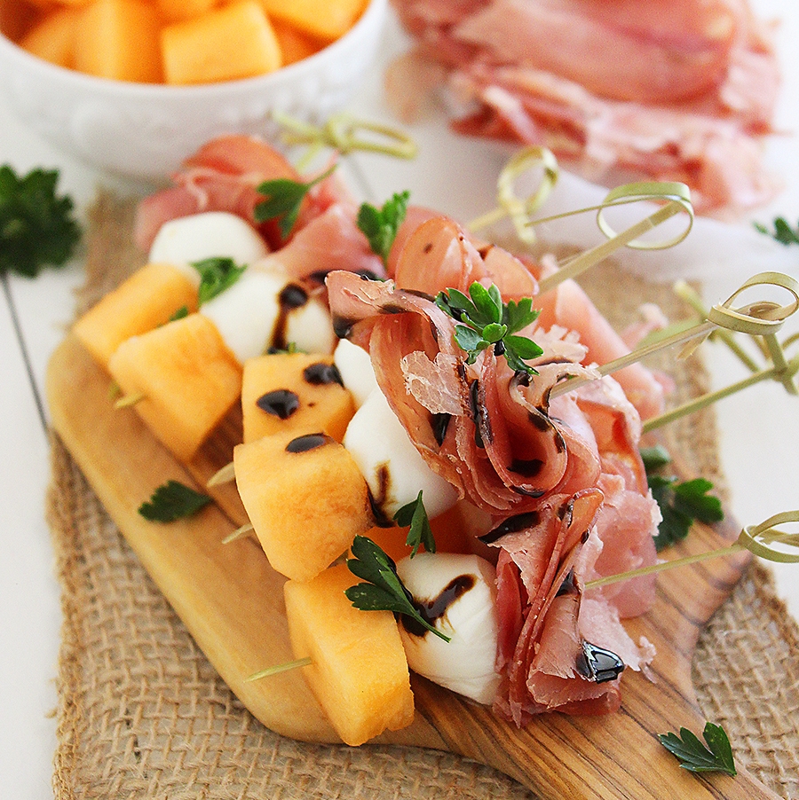 Melon, Proscuitto and Mozzarella Skewers