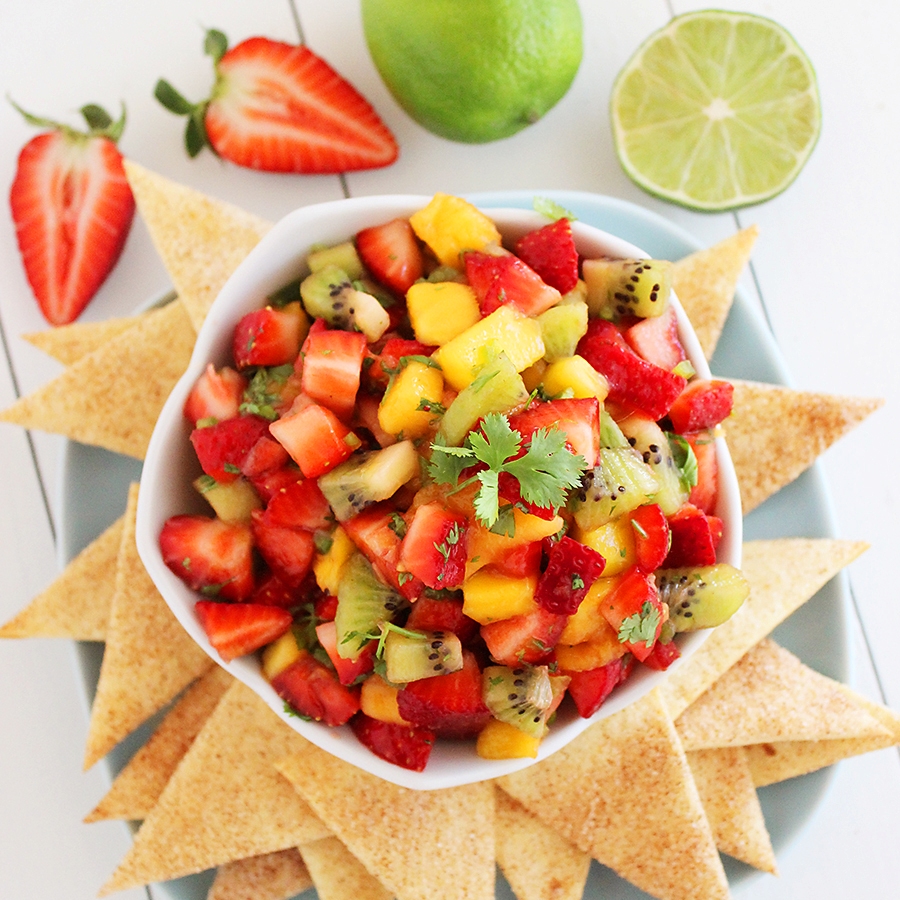 Strawberry Mango Salsa with Cinnamon-Sugar Tortilla Chips