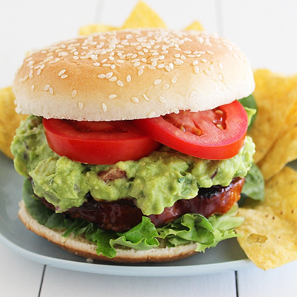 BBQ Bacon-Cheddar Chicken Burgers with Pineapple Guacamole