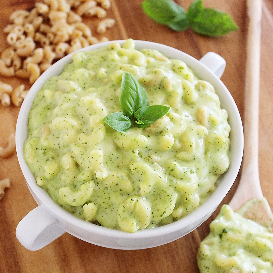 Stovetop Spinach Basil Pesto Mac and Cheese