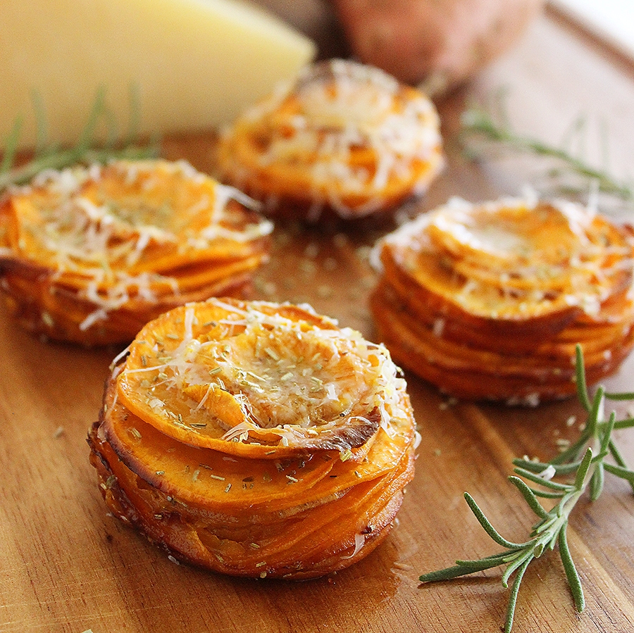 Crispy Parmesan-Rosemary Sweet Potato Stacks