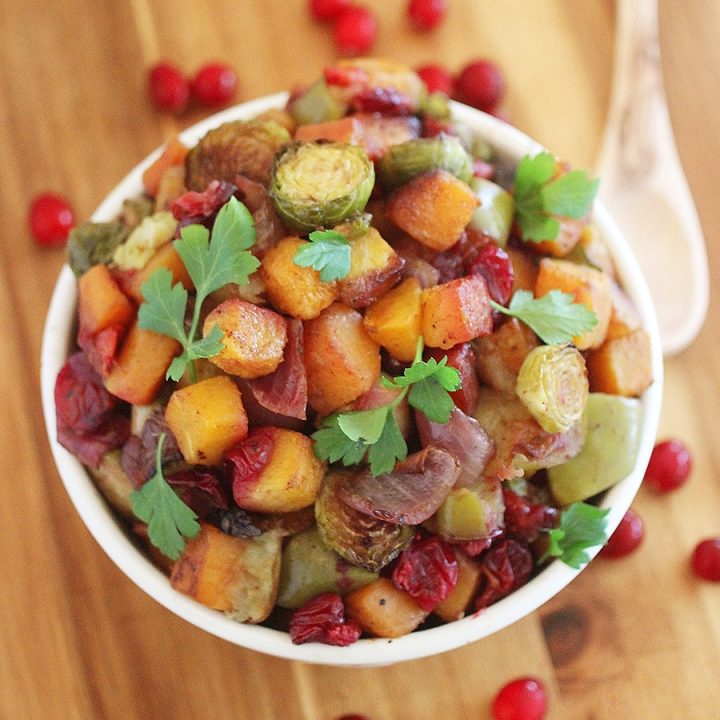 Roasted Butternut Squash and Brussels Sprouts with Cranberries, Apples and Onions