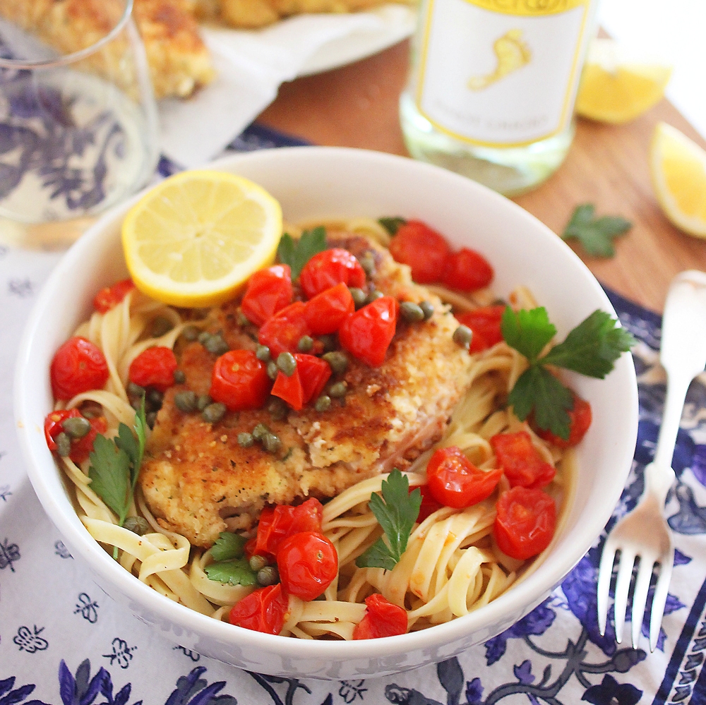 Crispy Chicken Scallopini with Tomatoes in a Lemon-Butter White Wine Sauce