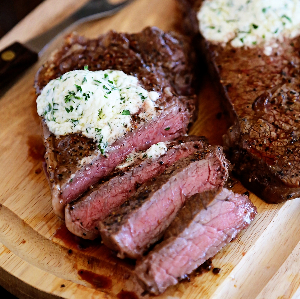 Skillet Steaks with Gorgonzola Herb Butter