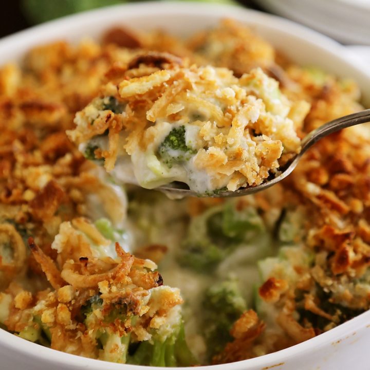 Broccoli Cheddar Gratin with Crispy Onions