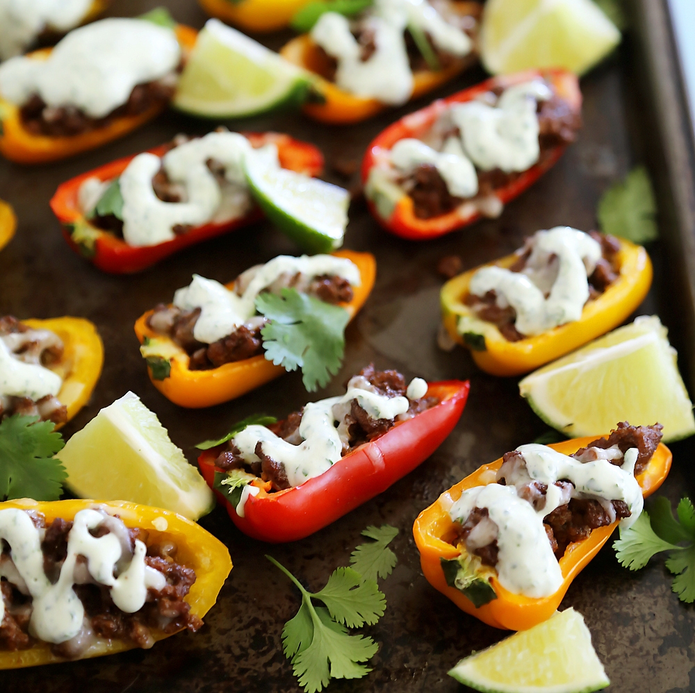 Mini Taco Stuffed Peppers with Cilantro Cream Sauce